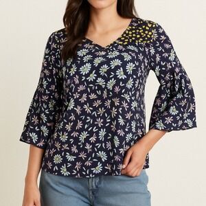 Nanette Lepore Floral Blouse MEDIUM Boho Bell Sleeve V-Neck Hippie Casual‎
